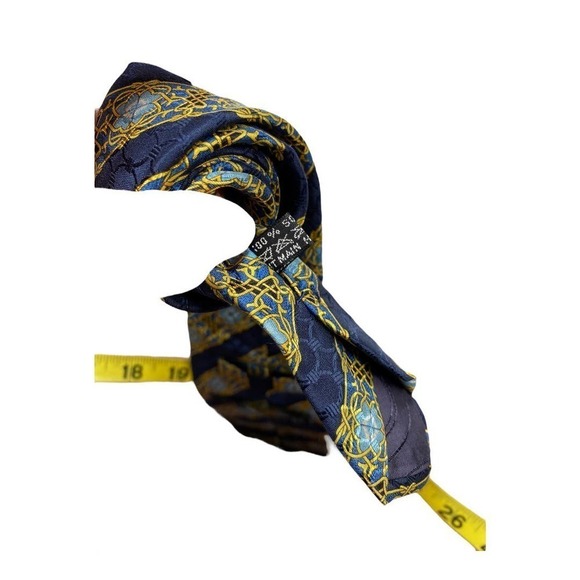Vintage Christian Dior Blue Floral  with Gold Tonal Accents Silk Neck Tie - Picture 3 of 5